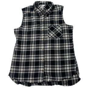 Volcom Womens Small Sleeveless Button Front Flannel Shirt Black White Plaid Raw